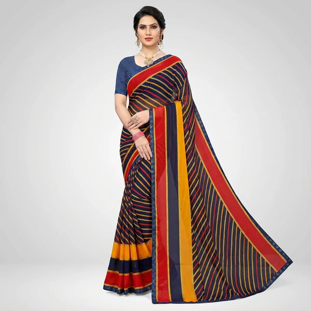 Multicolour Chiffon Striped Saree For Women