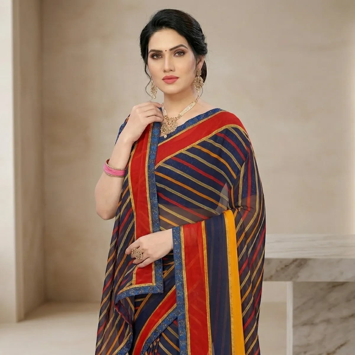 Multicolour Chiffon Striped Saree For Women