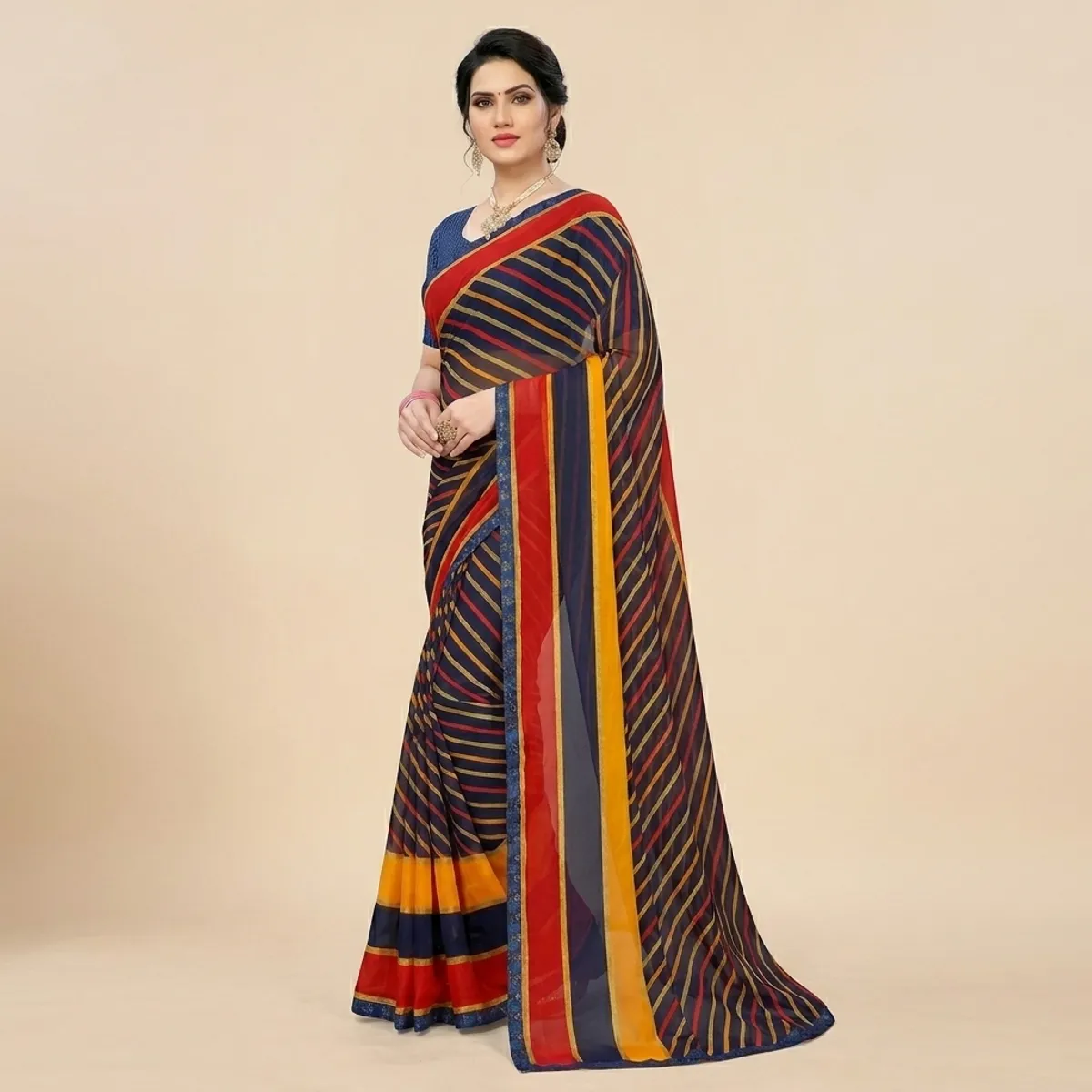 Multicolour Chiffon Striped Saree For Women
