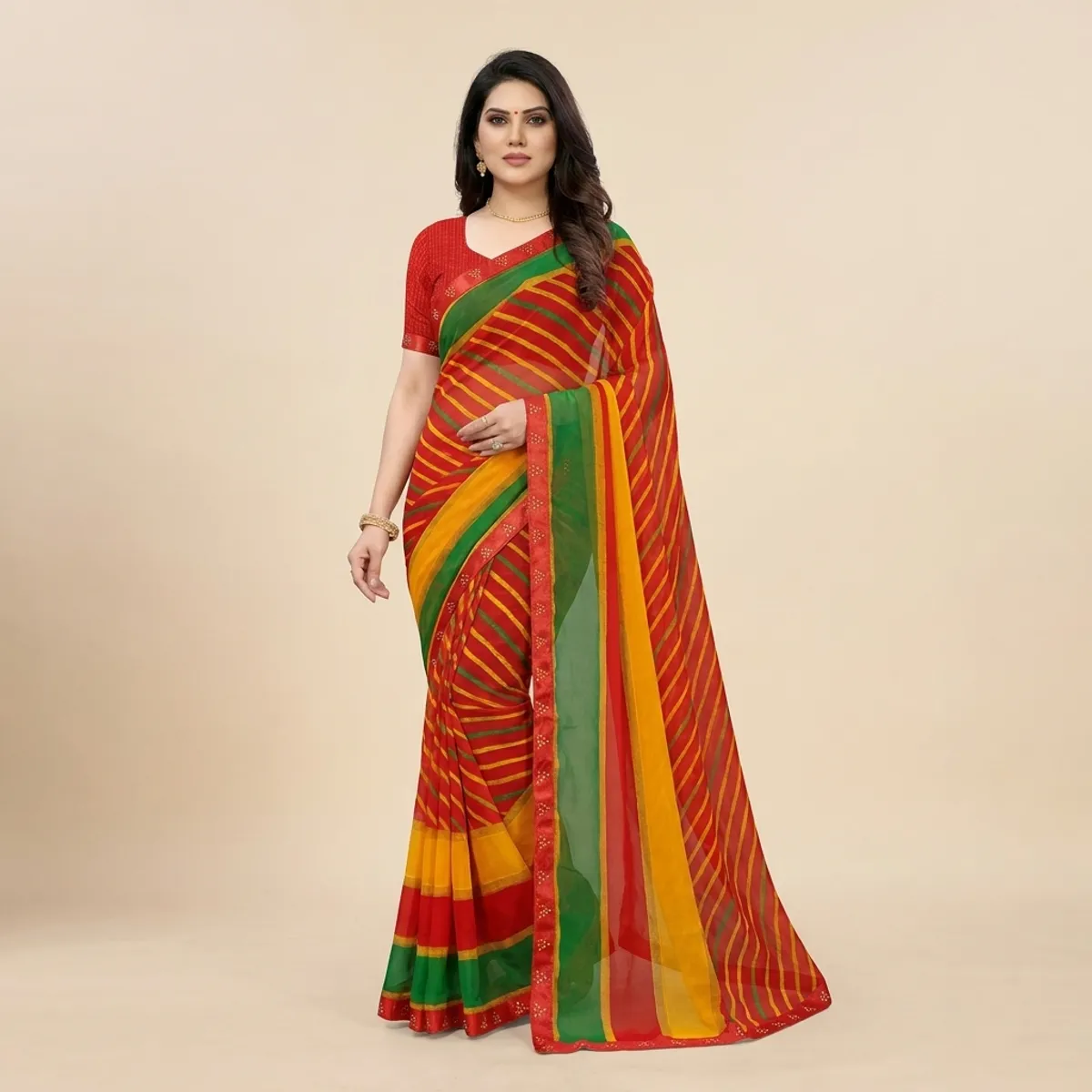Multicolour Chiffon Striped Saree For Women