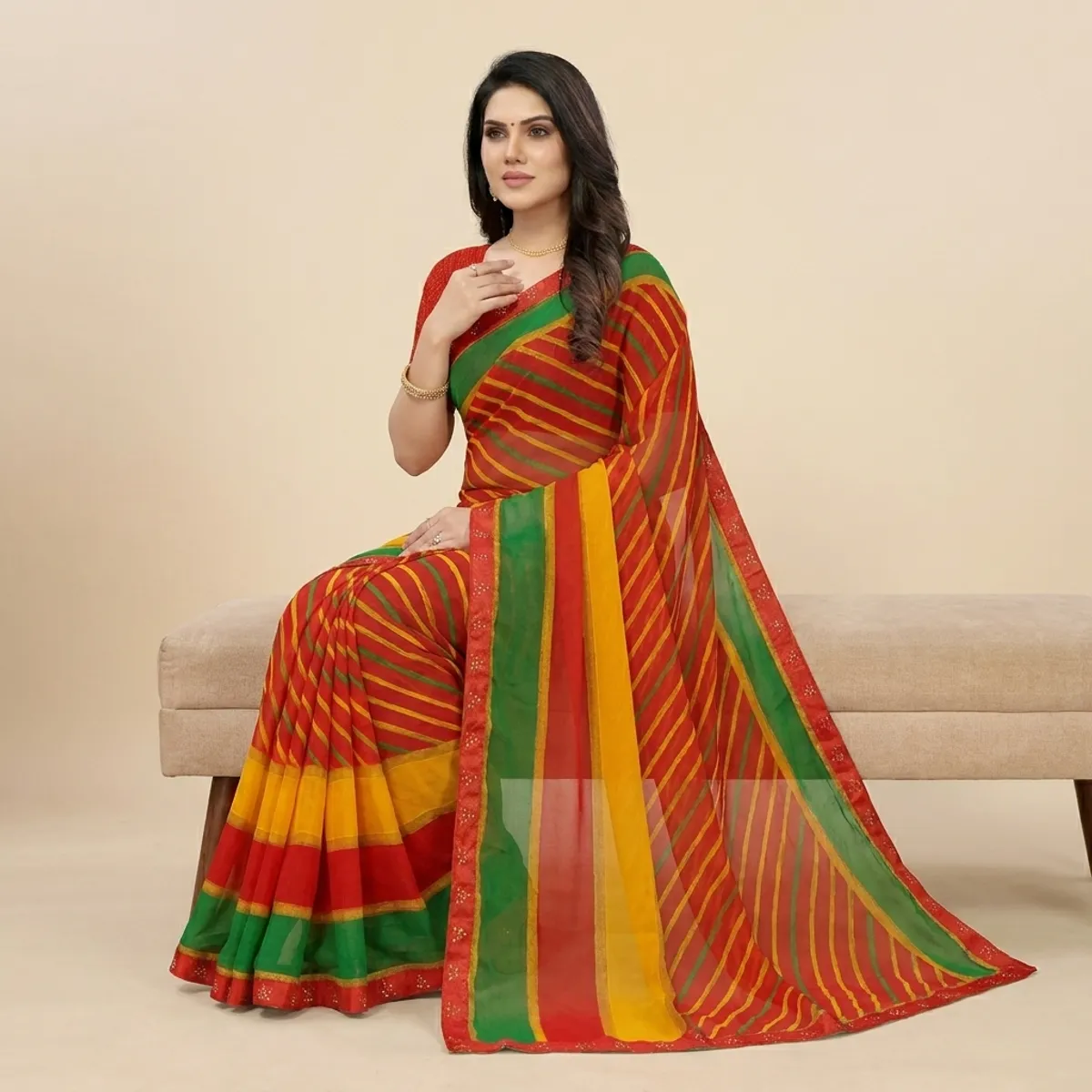 Multicolour Chiffon Striped Saree For Women