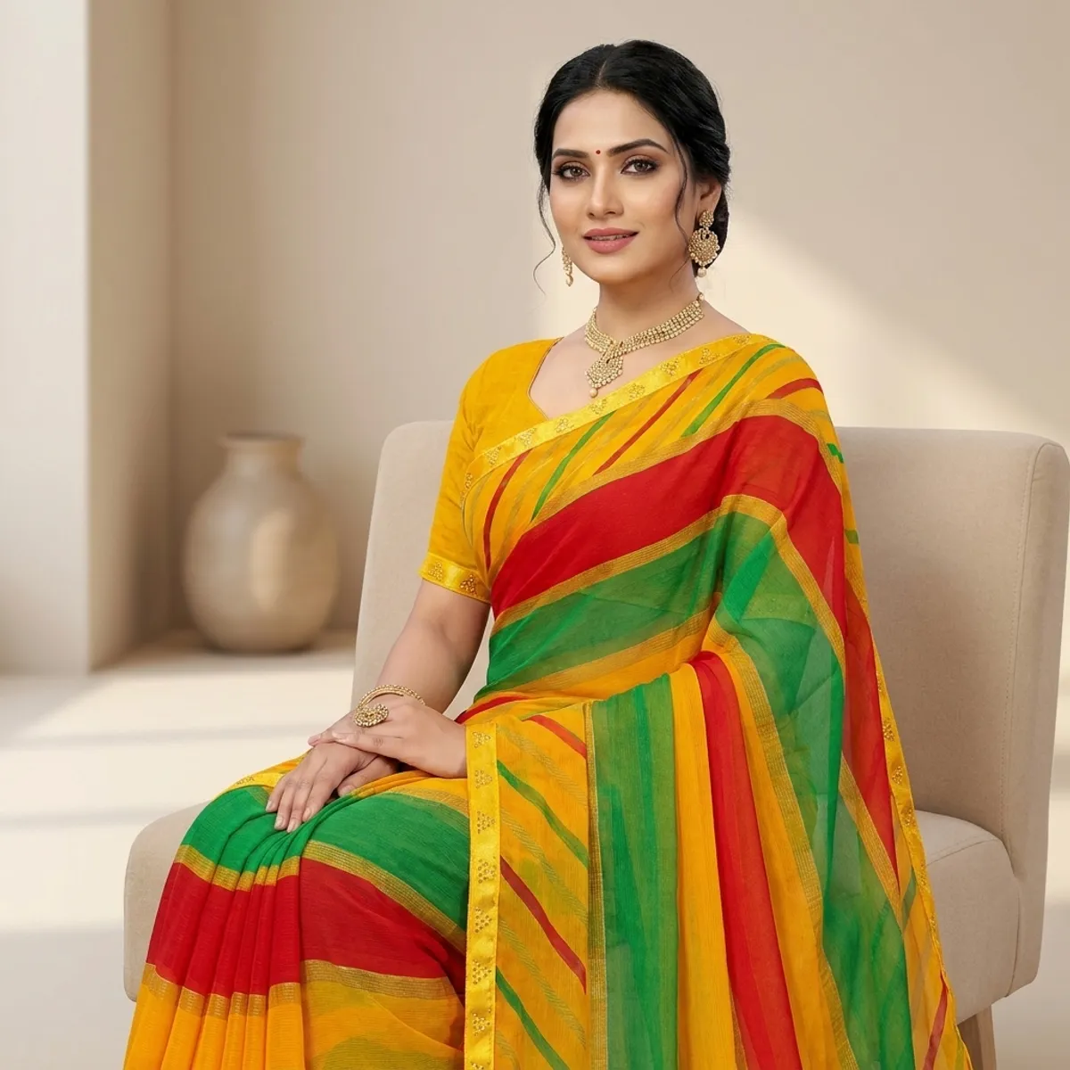 Multicolour Chiffon Striped Saree For Women