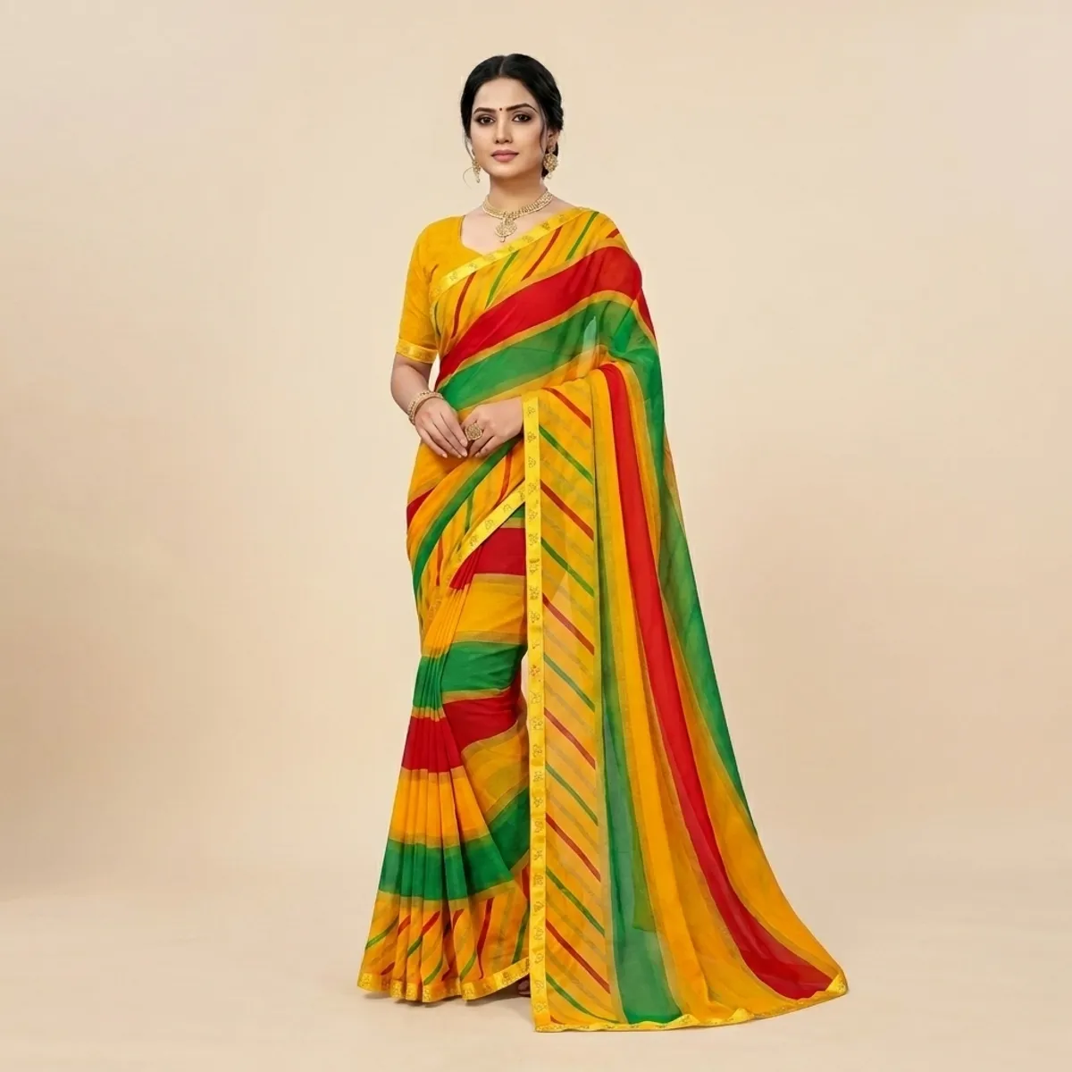 Multicolour Chiffon Striped Saree For Women