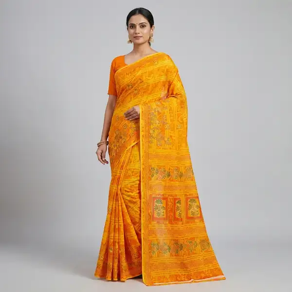 Cotton bandhani print floral border saree for women with attached blouse/ petticoat
