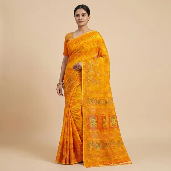 Cotton bandhani print floral border saree for women with attached blouse/ petticoat