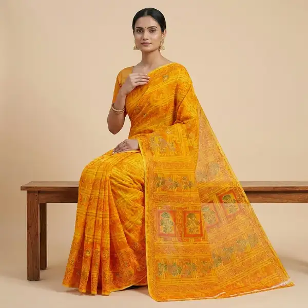 Cotton bandhani print floral border saree for women with attached blouse/ petticoat