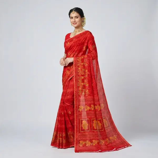 Cotton bandhani print floral border saree for women with attached blouse/ petticoat