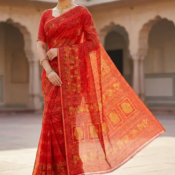 Cotton bandhani print floral border saree for women with attached blouse/ petticoat