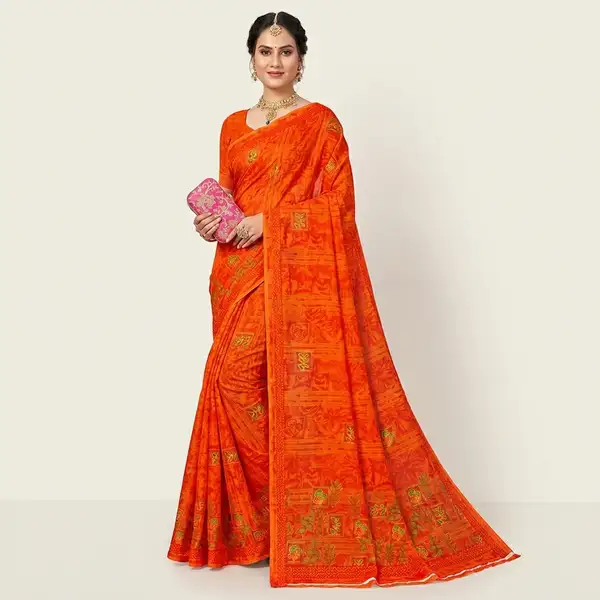 Cotton bandhani print floral border saree for women with attached blouse/ petticoat
