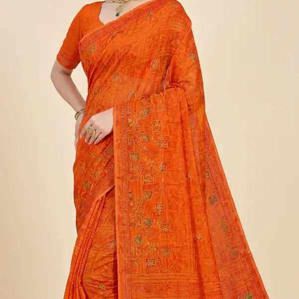 Cotton bandhani print floral border saree for women with attached blouse/ petticoat