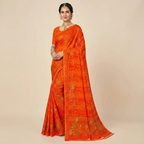 Cotton bandhani print floral border saree for women with attached blouse/ petticoat