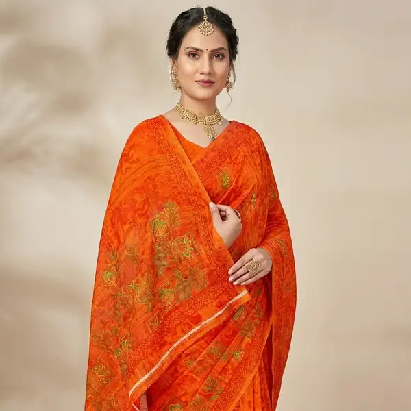 Cotton bandhani print floral border saree for women with attached blouse/ petticoat