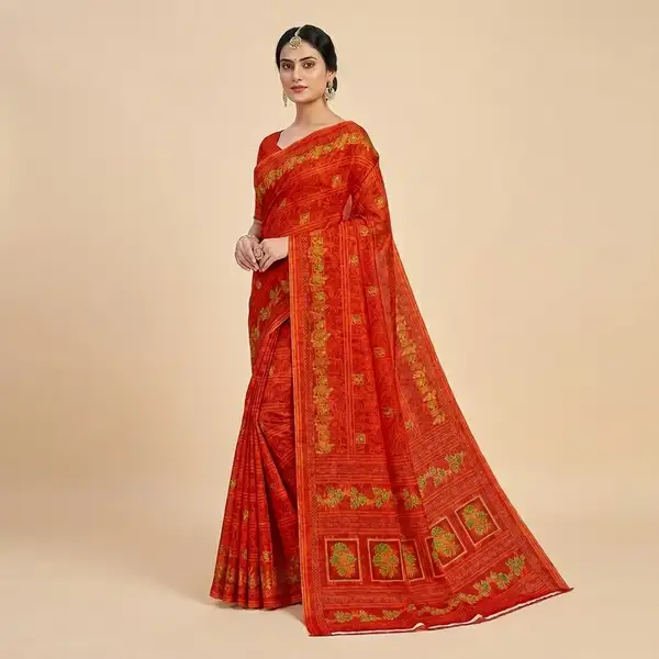 Cotton bandhani print floral border saree for women with attached blouse/ petticoat
