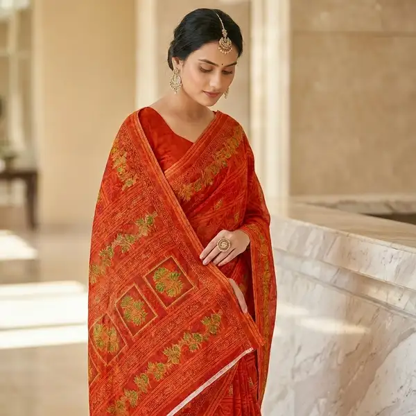 Cotton bandhani print floral border saree for women with attached blouse/ petticoat