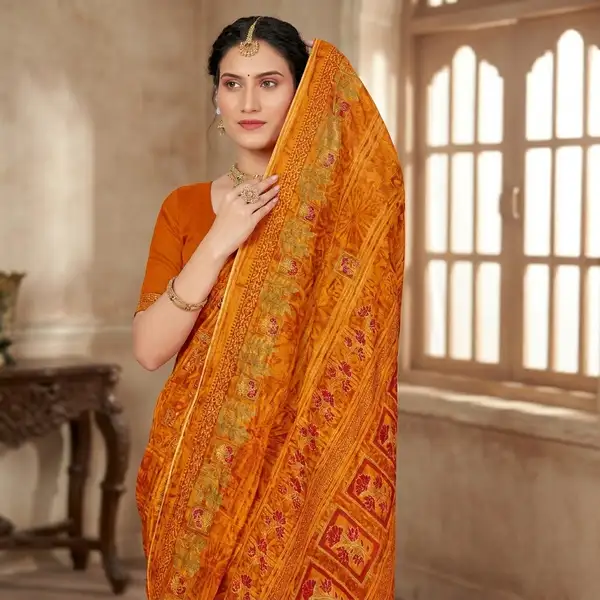 Cotton bandhani print floral border saree for women with attached blouse/ petticoat