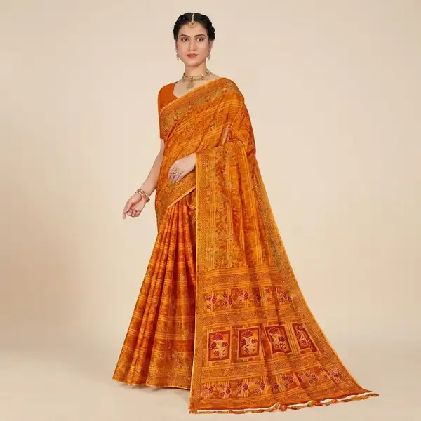 Cotton bandhani print floral border saree for women with attached blouse/ petticoat