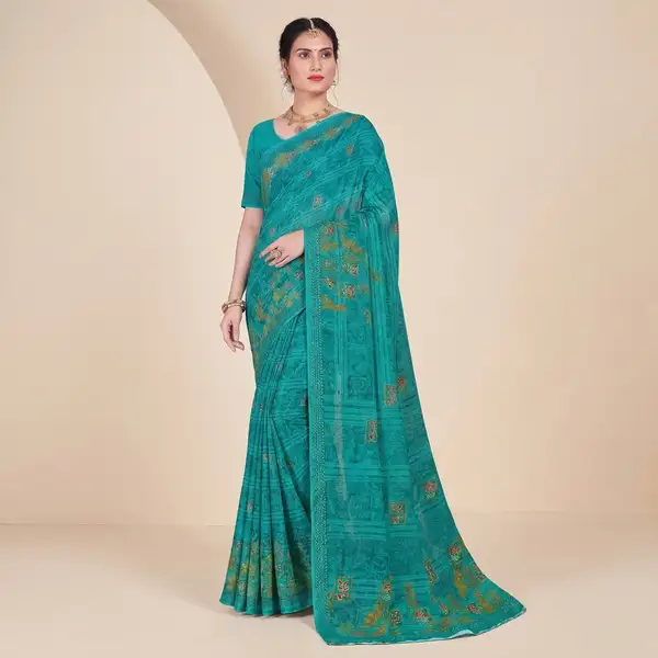 Cotton bandhani print floral border saree for women with attached blouse/ petticoat