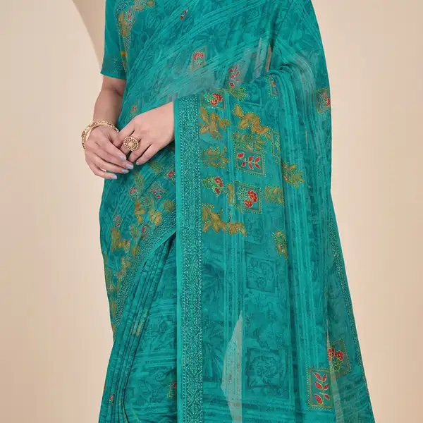 Cotton bandhani print floral border saree for women with attached blouse/ petticoat