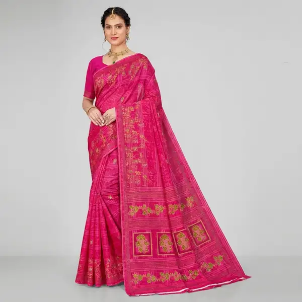 Cotton bandhani print floral border saree for women with attached blouse/ petticoat