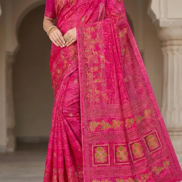 Cotton bandhani print floral border saree for women with attached blouse/ petticoat