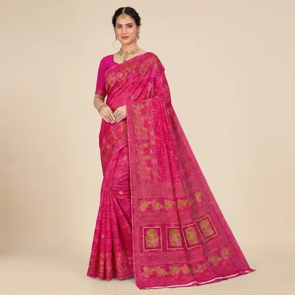 Cotton bandhani print floral border saree for women with attached blouse/ petticoat