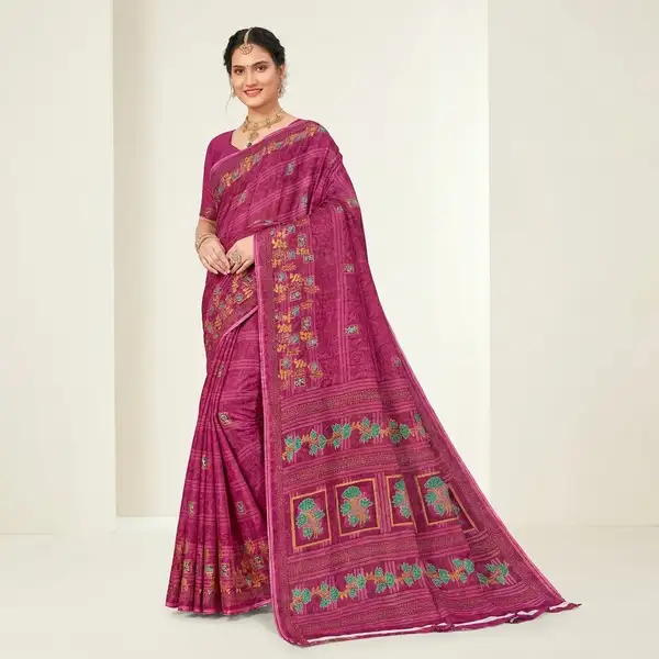 Cotton bandhani print floral border saree for women with attached blouse/ petticoat
