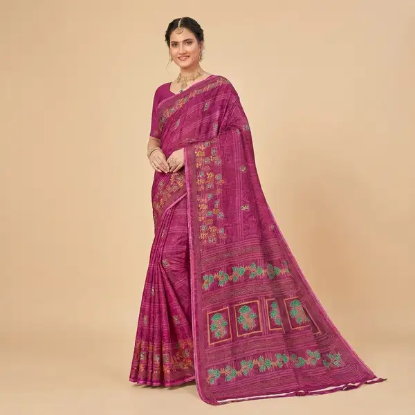 Cotton bandhani print floral border saree for women with attached blouse/ petticoat