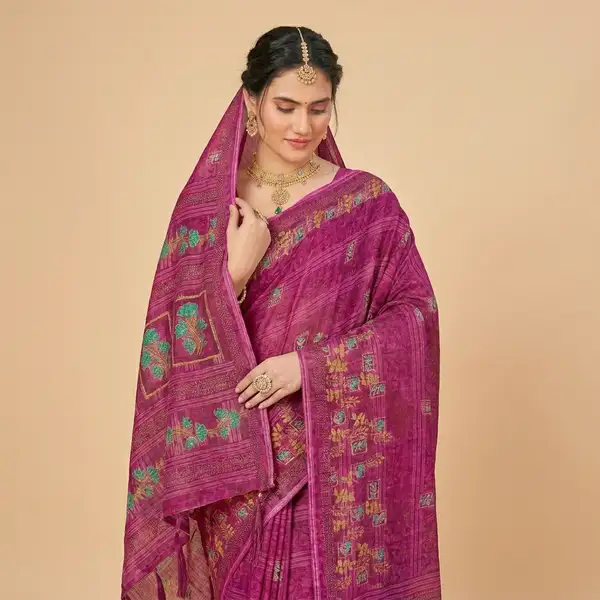 Cotton bandhani print floral border saree for women with attached blouse/ petticoat