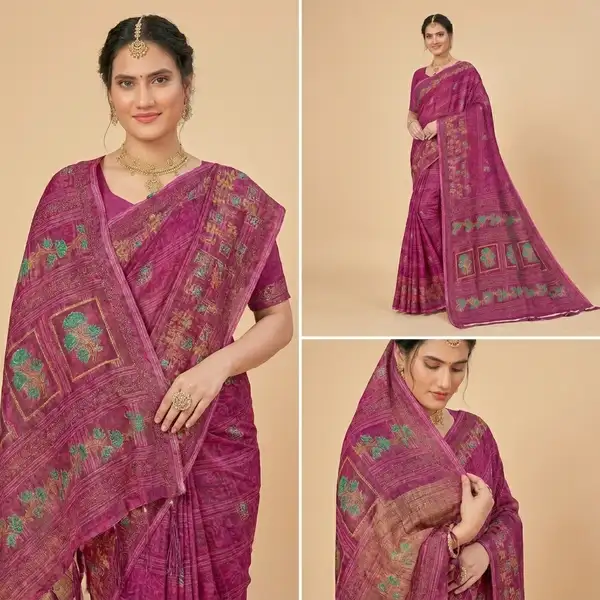 Cotton bandhani print floral border saree for women with attached blouse/ petticoat