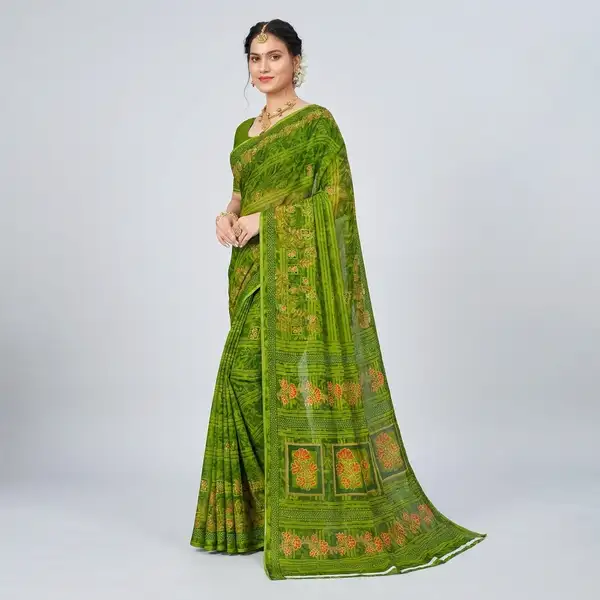 Cotton bandhani print floral border saree for women with attached blouse/ petticoat