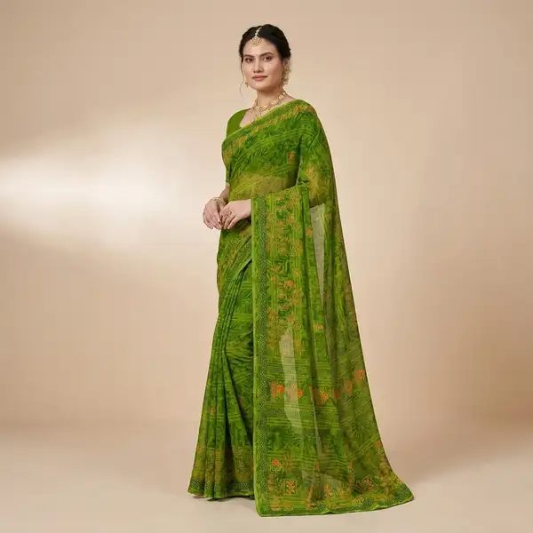 Cotton bandhani print floral border saree for women with attached blouse/ petticoat