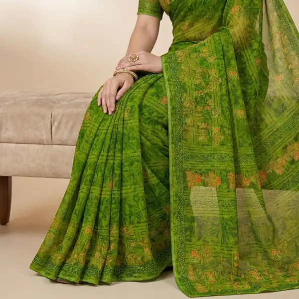 Cotton bandhani print floral border saree for women with attached blouse/ petticoat