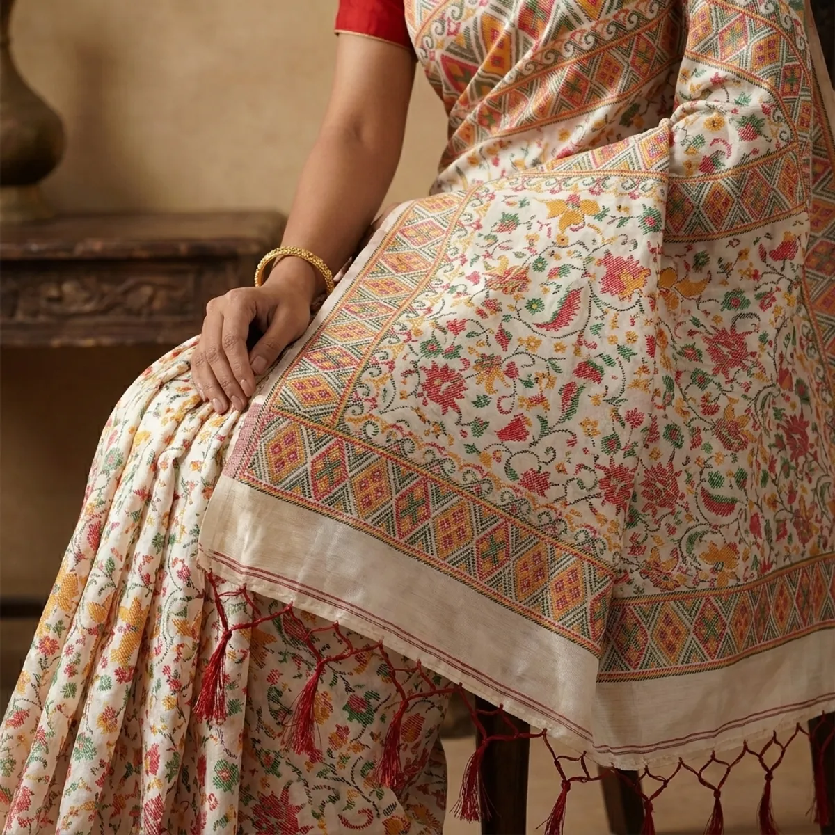 Multicolour cotton silk embroidered floral saree for women
