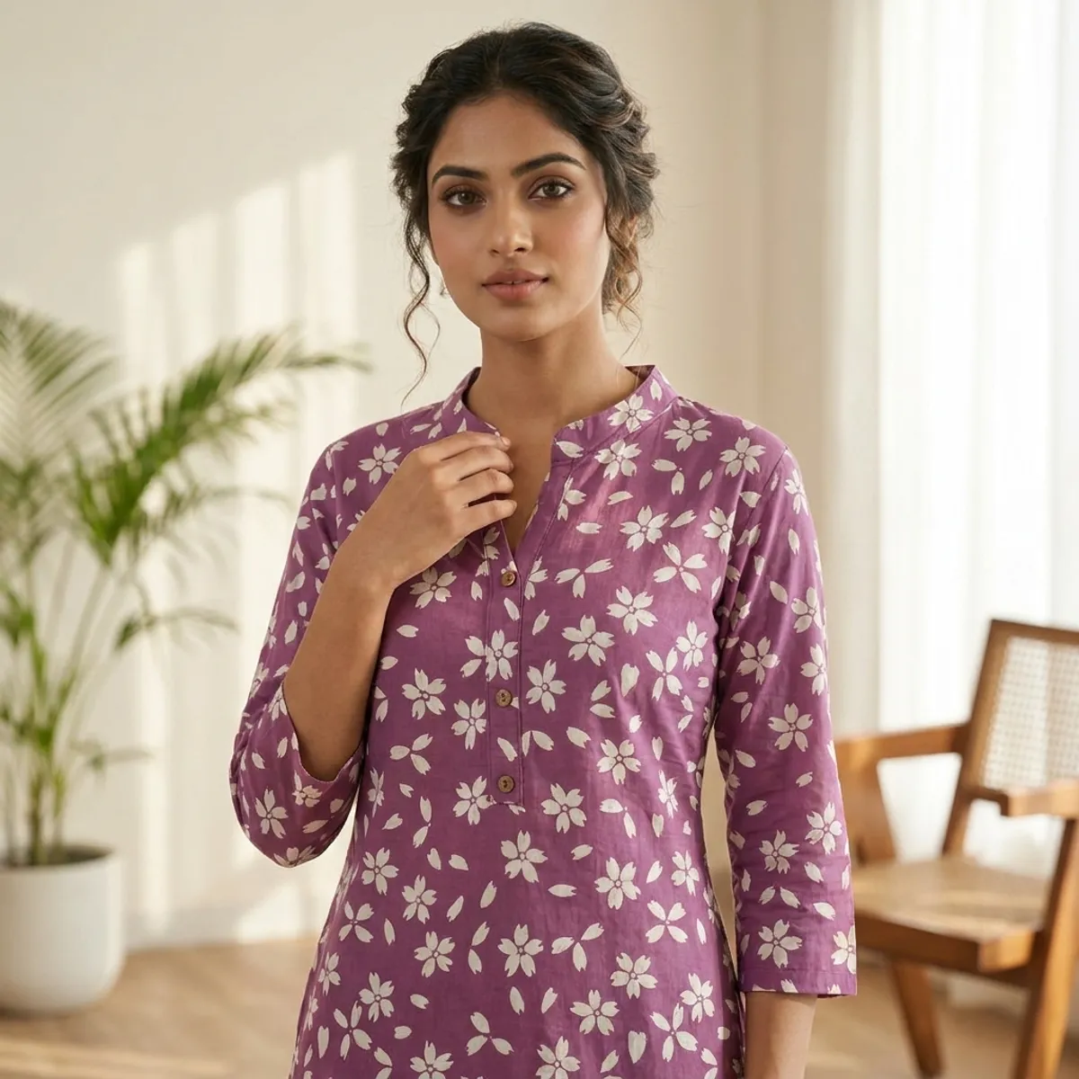 Poly cotton straight floral kurti for women