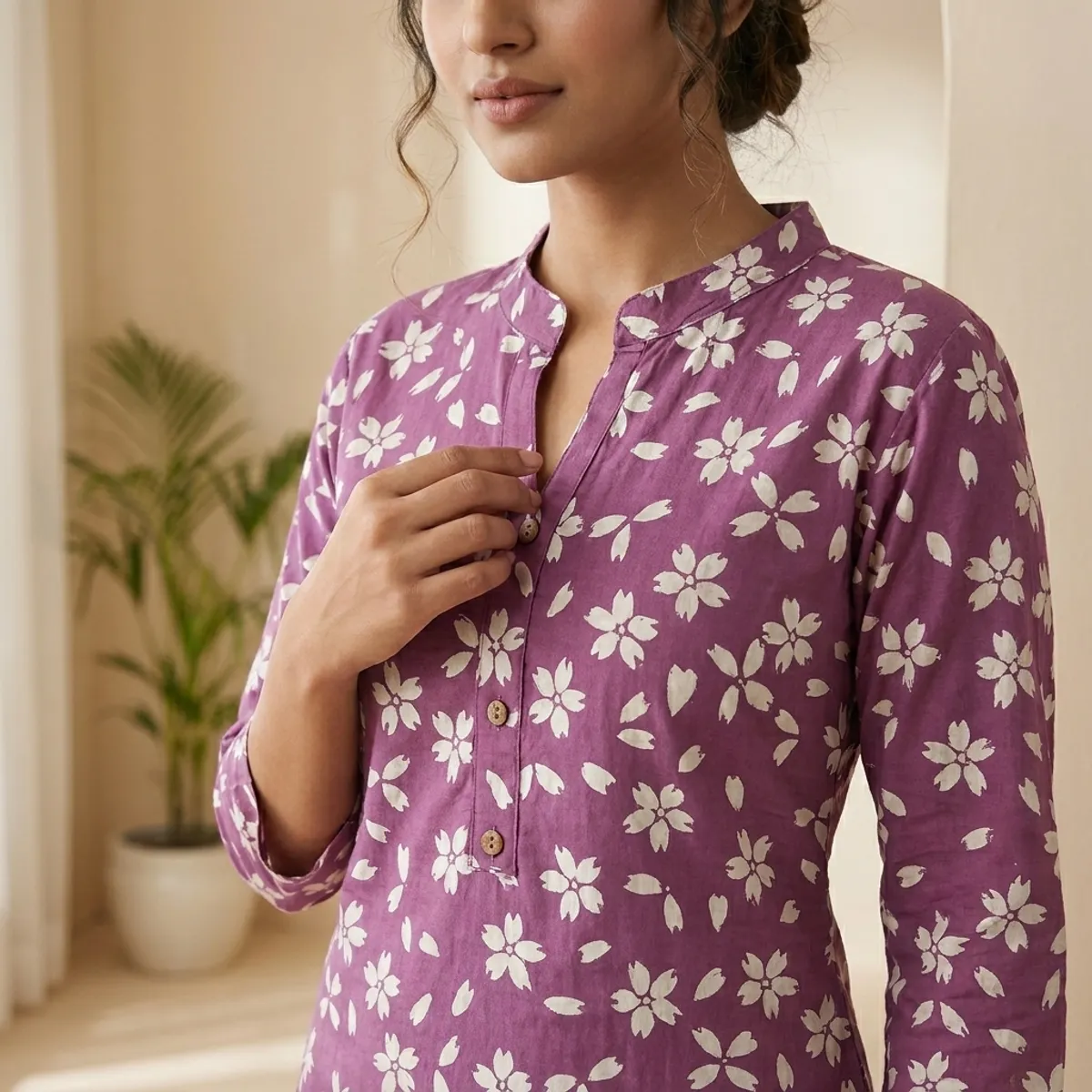 Poly cotton straight floral kurti for women
