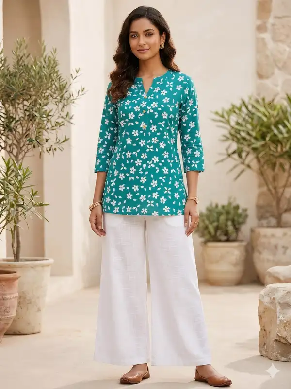 Poly cotton straight floral kurti for women