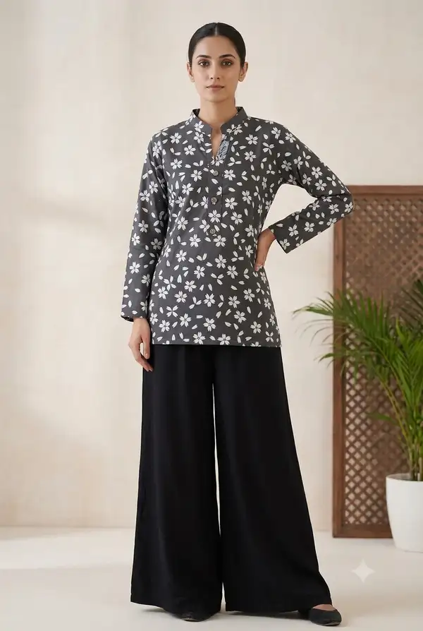 Poly cotton straight floral kurti for women