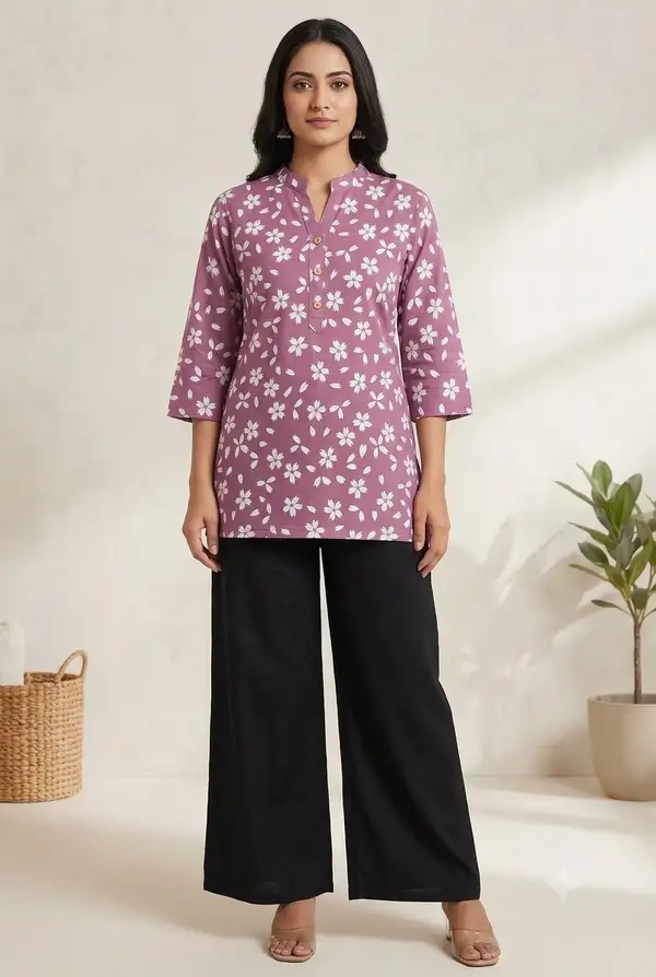 Poly cotton straight floral kurti for women