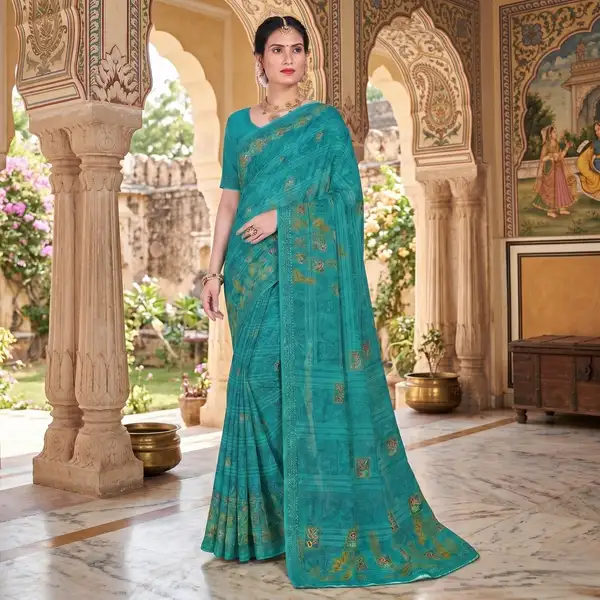 Cotton bandhani print floral border saree for women with attached blouse/ petticoat
